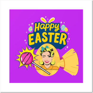 Happy easter pop art girl broom modern art lollipop girl Posters and Art